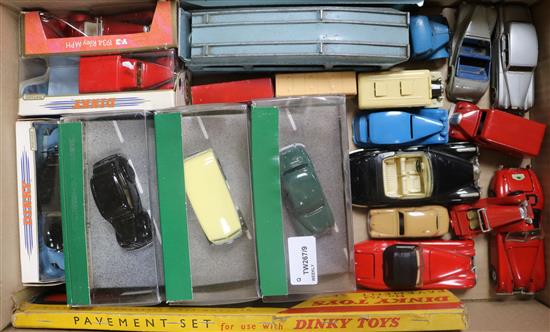 A Dinky Toys Pullmore Transporter and ramp and a collection of diecast cars and accessories (some boxed),